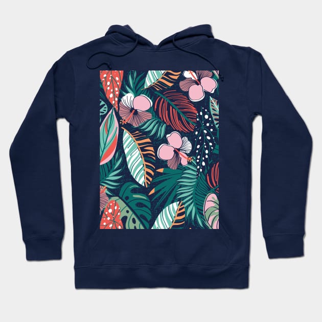 Moody tropical night // pattern // oxford blue background coral spearmint papaya orange jade and pine green leaves cotton candy pink and dry rose hibiscus flowers Hoodie by SelmaCardoso